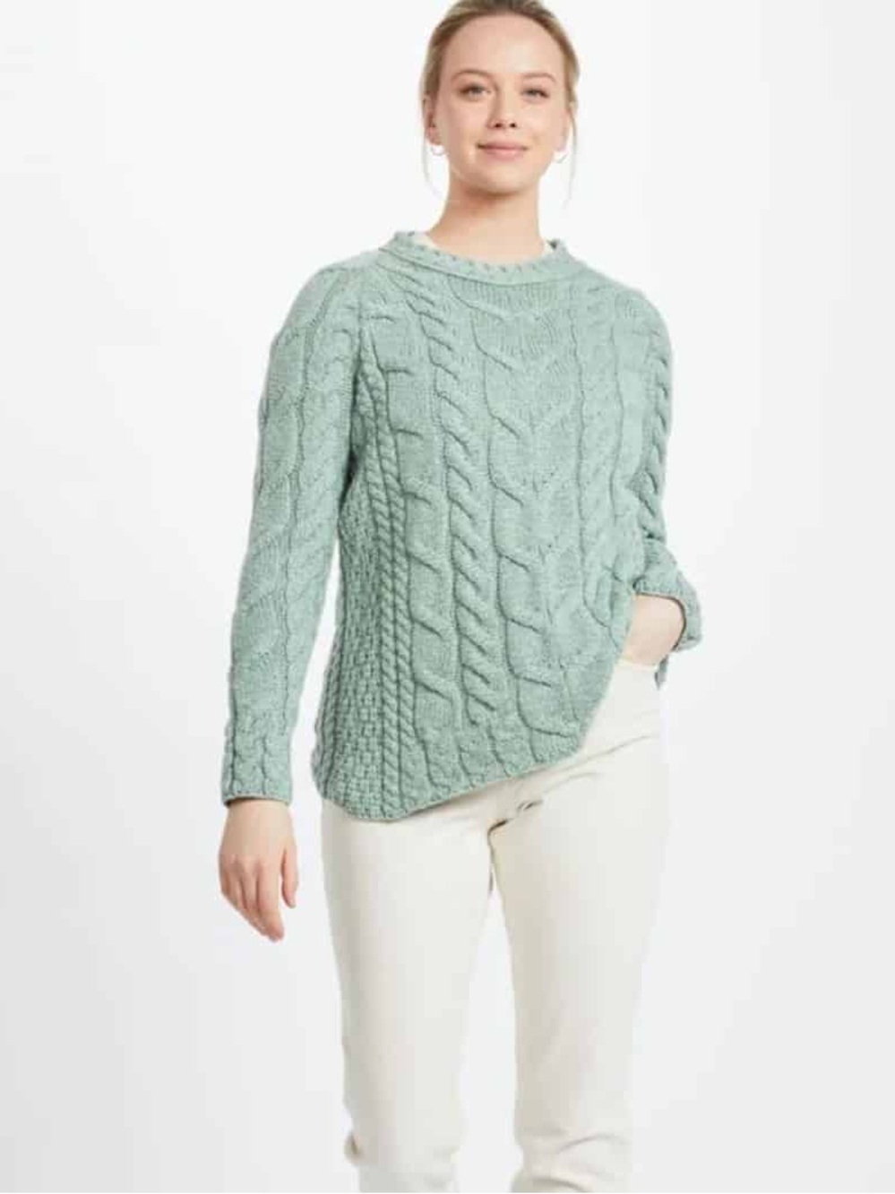 Aran Crafts Raglan Sweater Seafoam Green 100% Merino Wool Crewneck Cable Knit